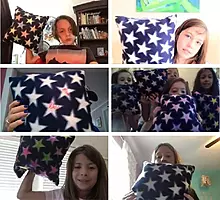 Grid of six images with clients holding up star-patterned pillows